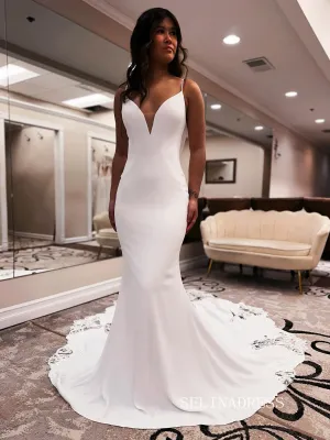 Spaghetti Straps White Satin Mermaid Wedding Dress With Lace Train EWR385