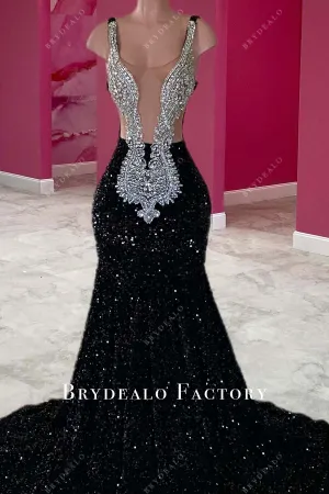 Sparkly Rhinestones Black Sequined Mermaid Prom Dress