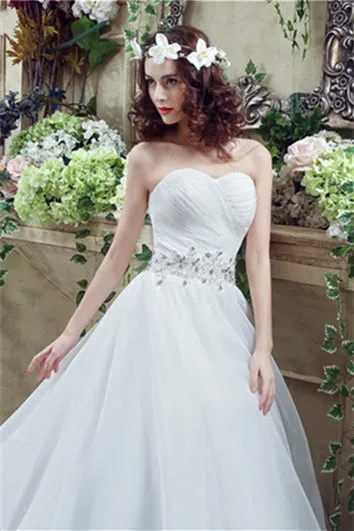 Strapless Beading Train Wedding Dresses With Crystals