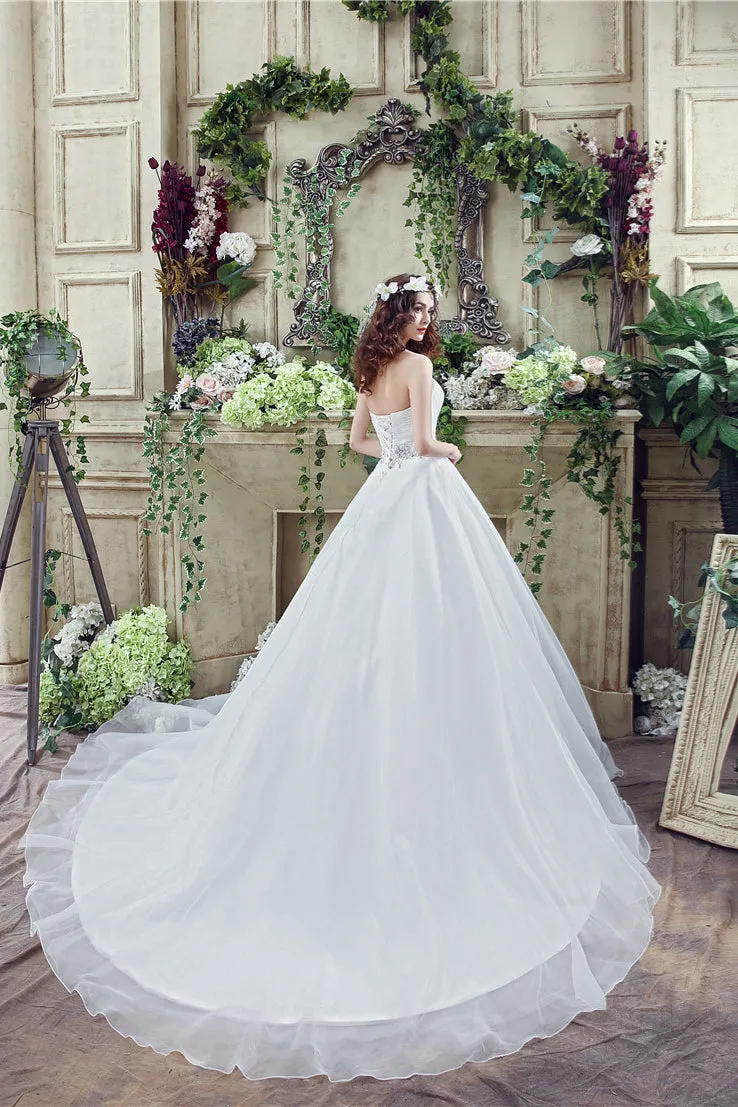 Strapless Beading Train Wedding Dresses With Crystals