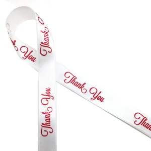 Thank You Ribbon Red Ink on 5/8" wide White Satin Ribbon