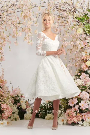 V-neck Long Sleeves Designer Lace Tea-Length Puffy Wedding Dress