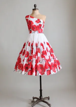 Vintage 1950s Poppies Floral One Shoulder Party Dress