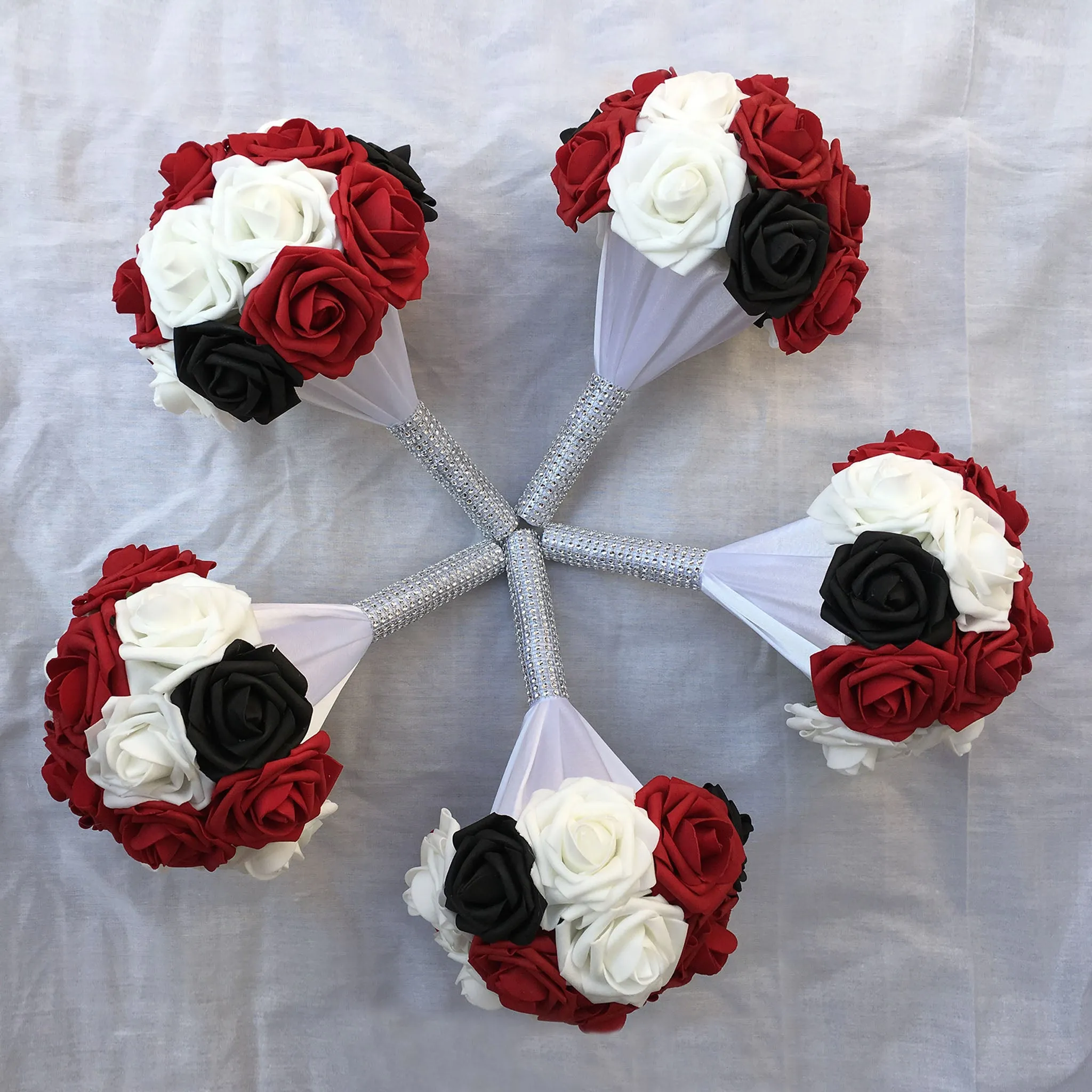 Wedding Bouquets Package for 5 Bridesmaids Dark Red Black White Roses