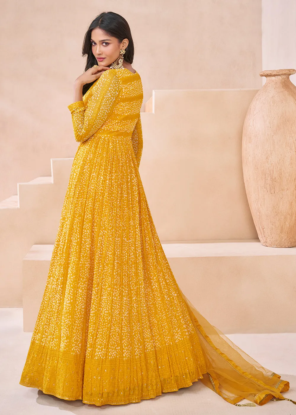 Wedding Yellow Real Georgette Embroidered Anarkali Gown