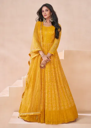 Wedding Yellow Real Georgette Embroidered Anarkali Gown