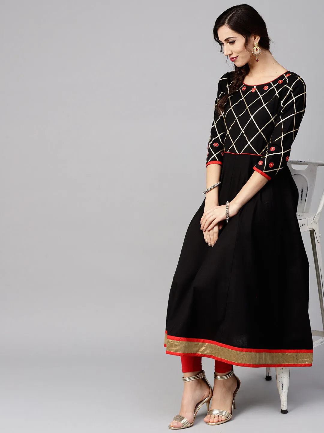 Women Black Yoke Design A-Line Kurta With Gotta Patti And Floral Appliques