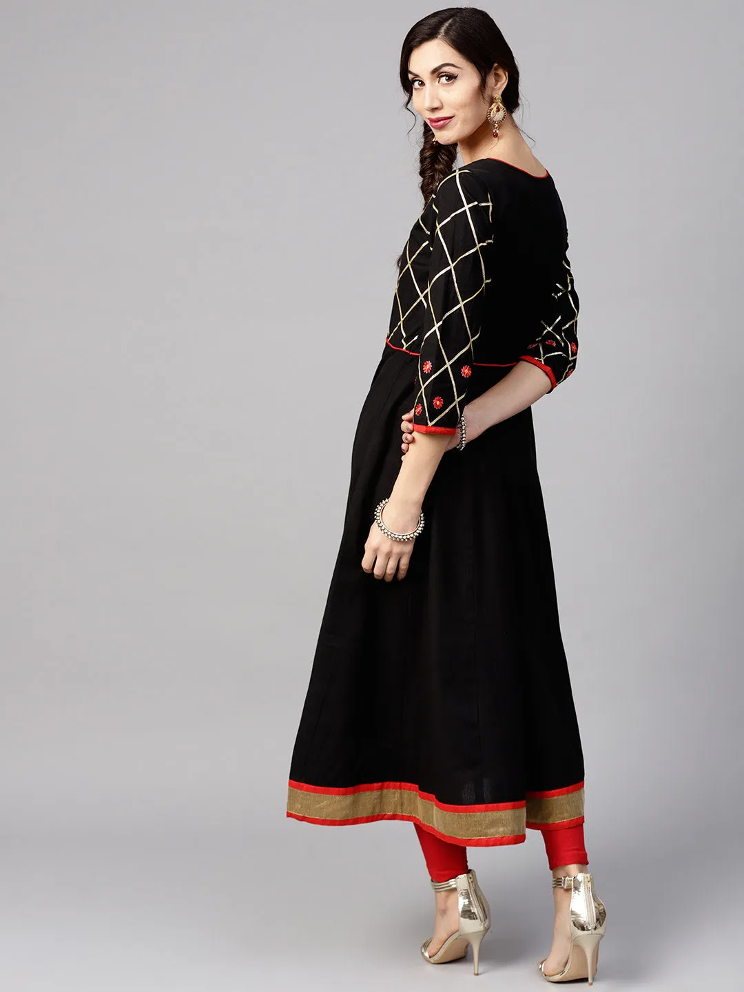 Women Black Yoke Design A-Line Kurta With Gotta Patti And Floral Appliques