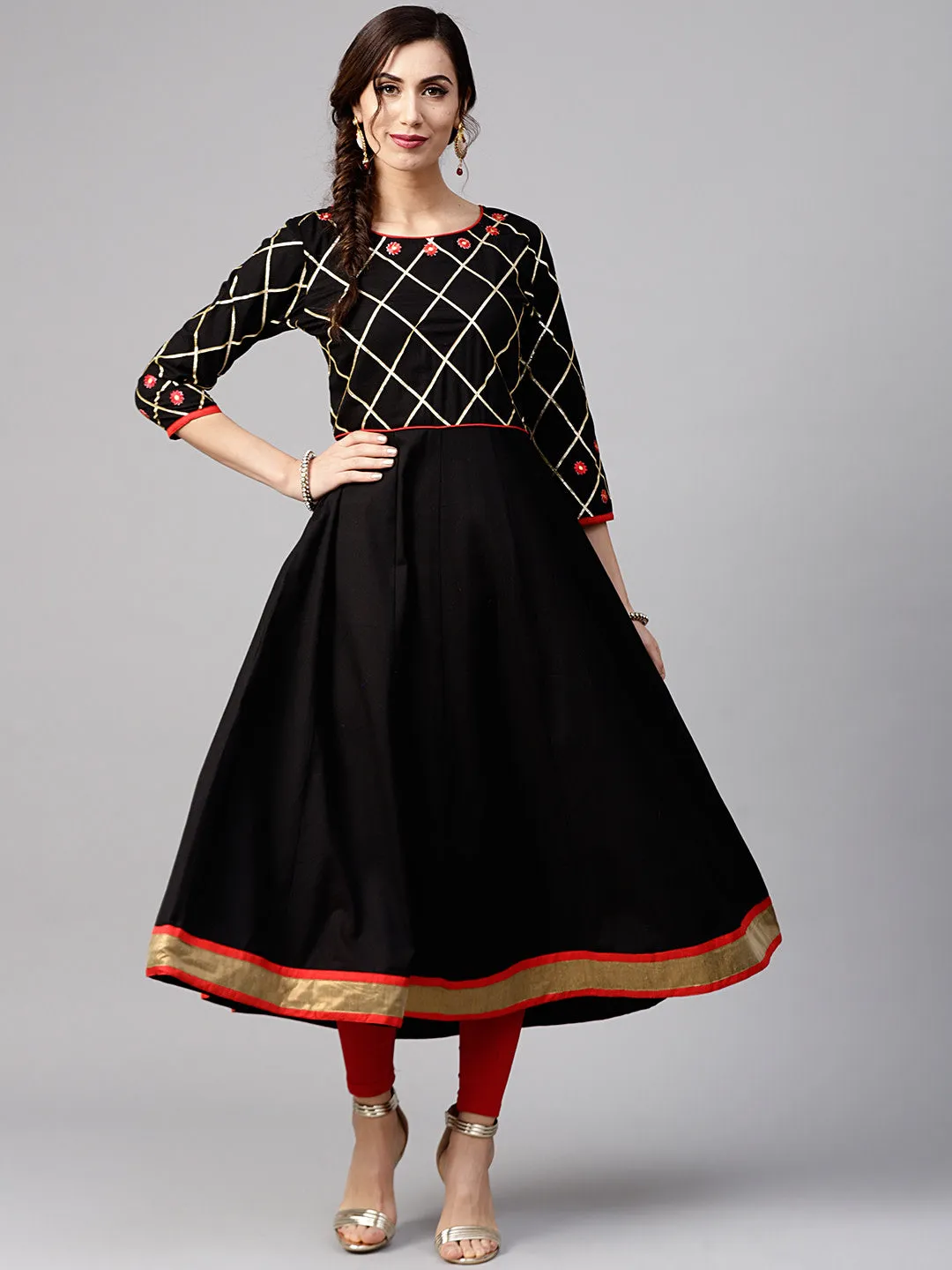 Women Black Yoke Design A-Line Kurta With Gotta Patti And Floral Appliques