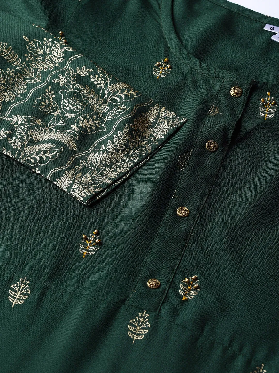 Women Green & Golden A-Line Kurta