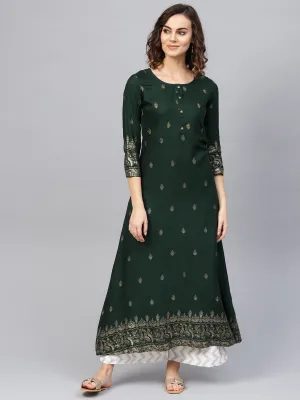 Women Green & Golden A-Line Kurta