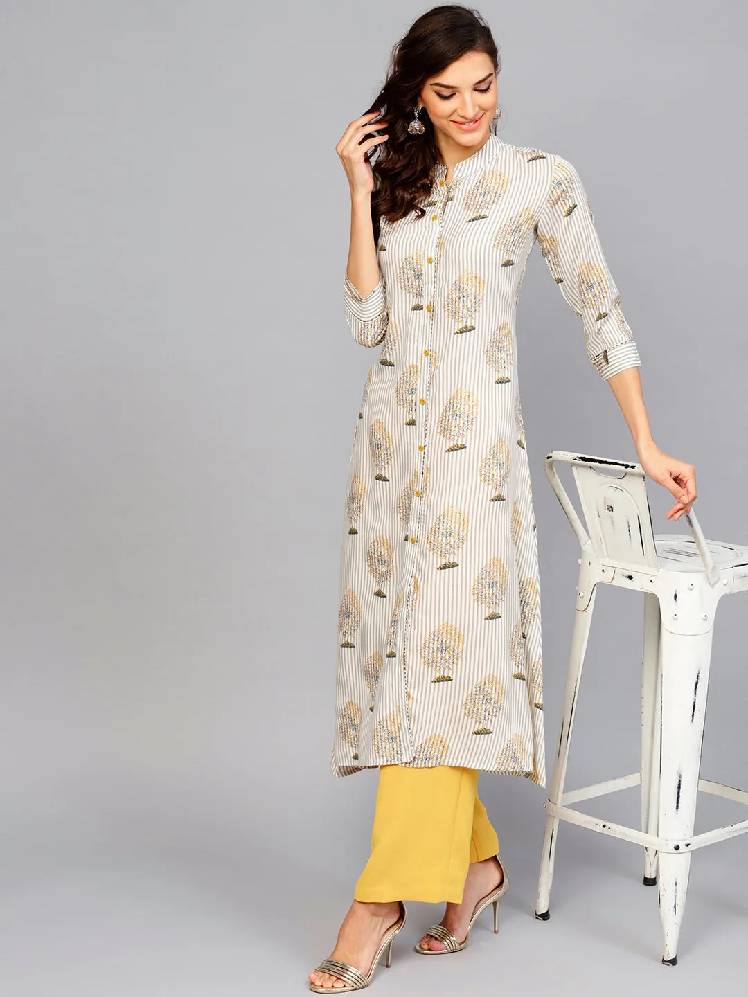 Women Off-White & Grey A-Line Kurta