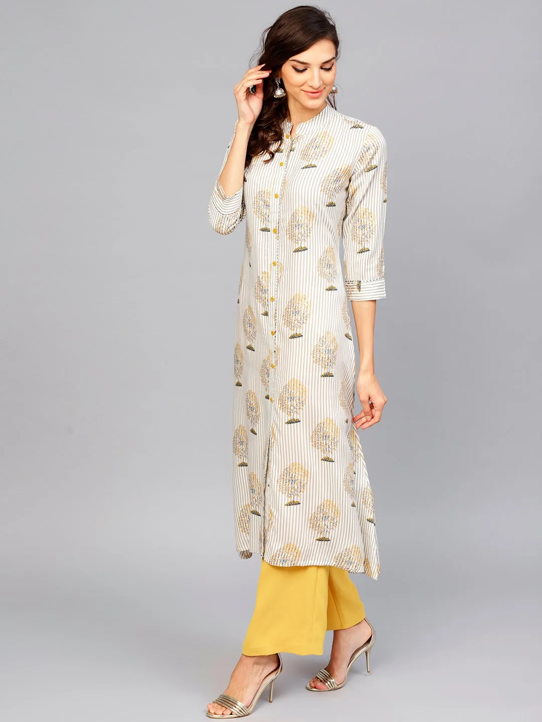 Women Off-White & Grey A-Line Kurta