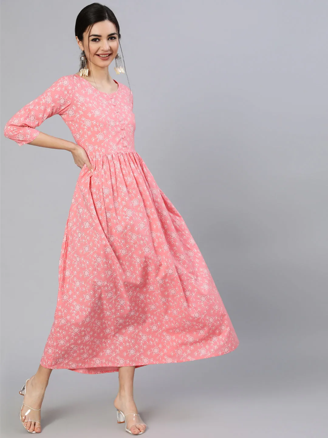 Women Pink Floral Printed Flared Dress With Round Neck