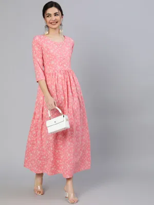 Women Pink Floral Printed Flared Dress With Round Neck