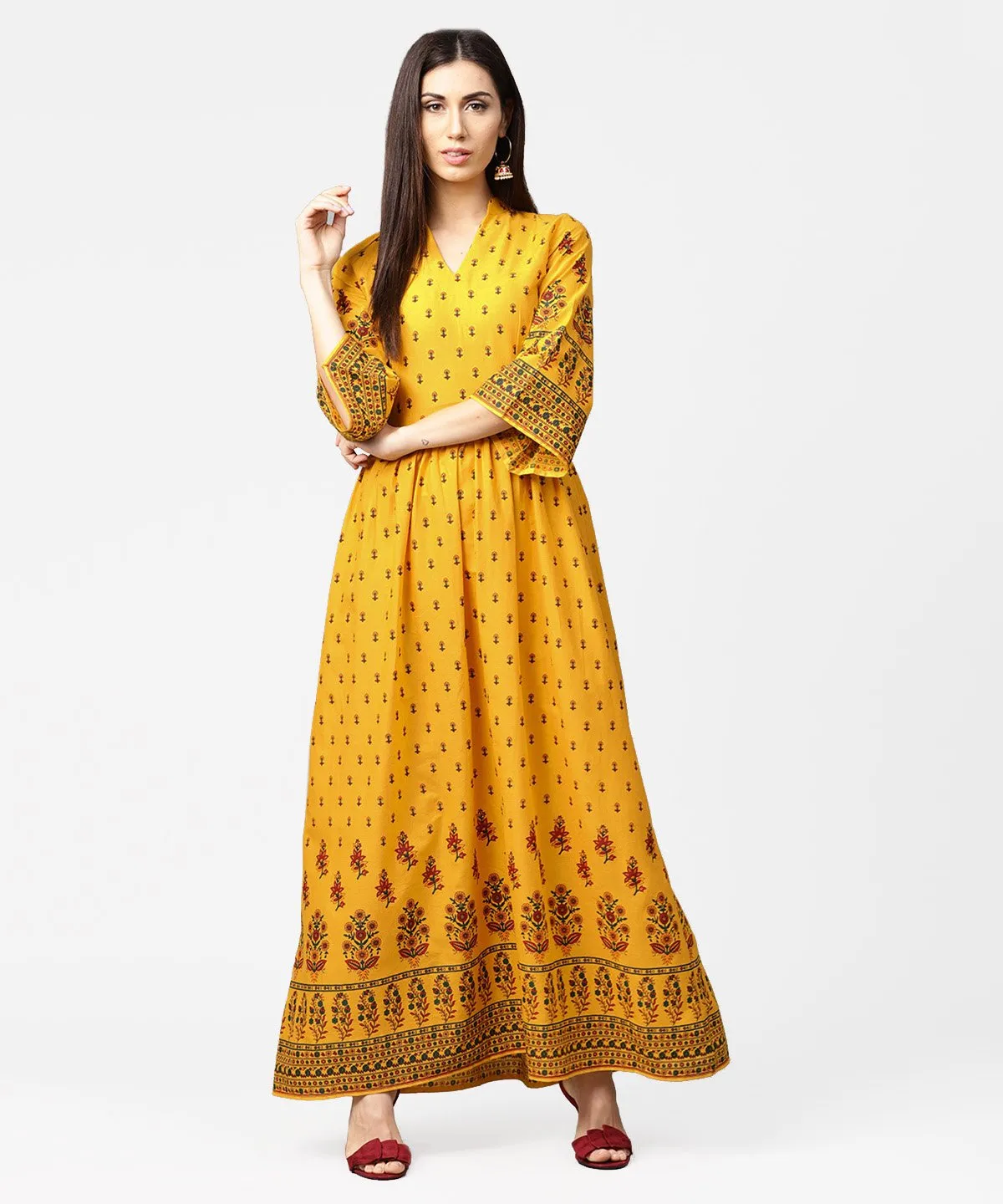 Yellow Printed 3/4Th Flared Sleeve Cotton Maxi Dress