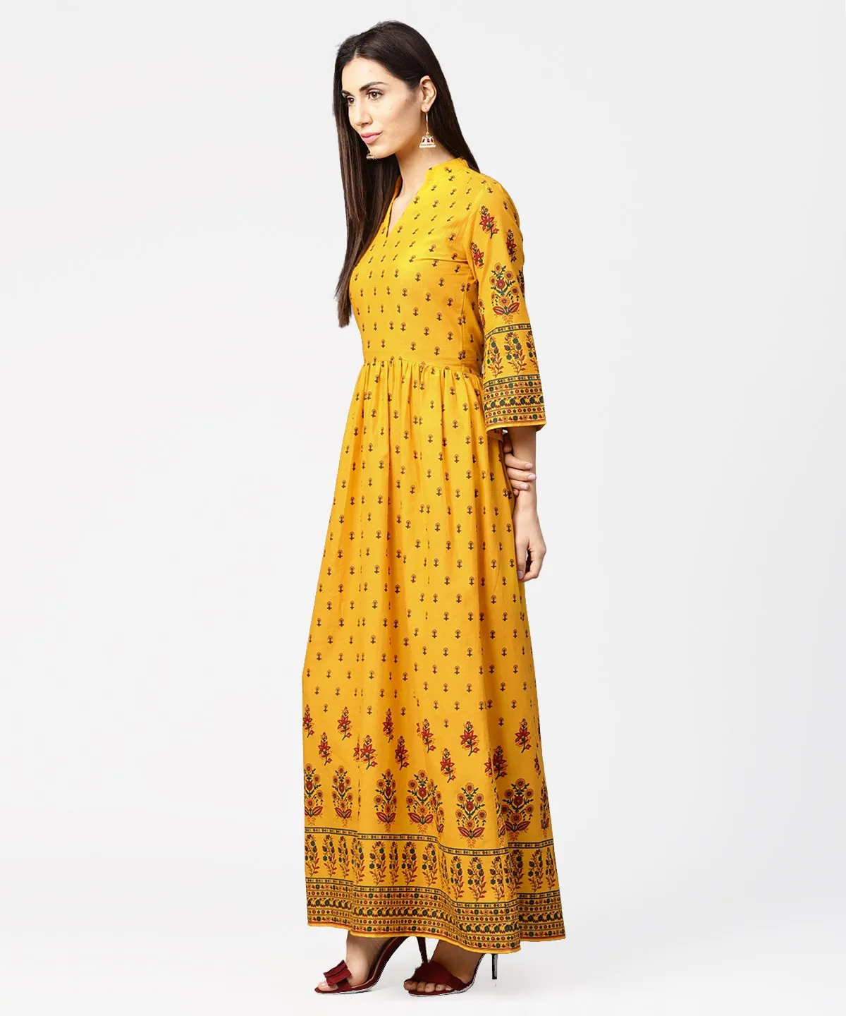 Yellow Printed 3/4Th Flared Sleeve Cotton Maxi Dress