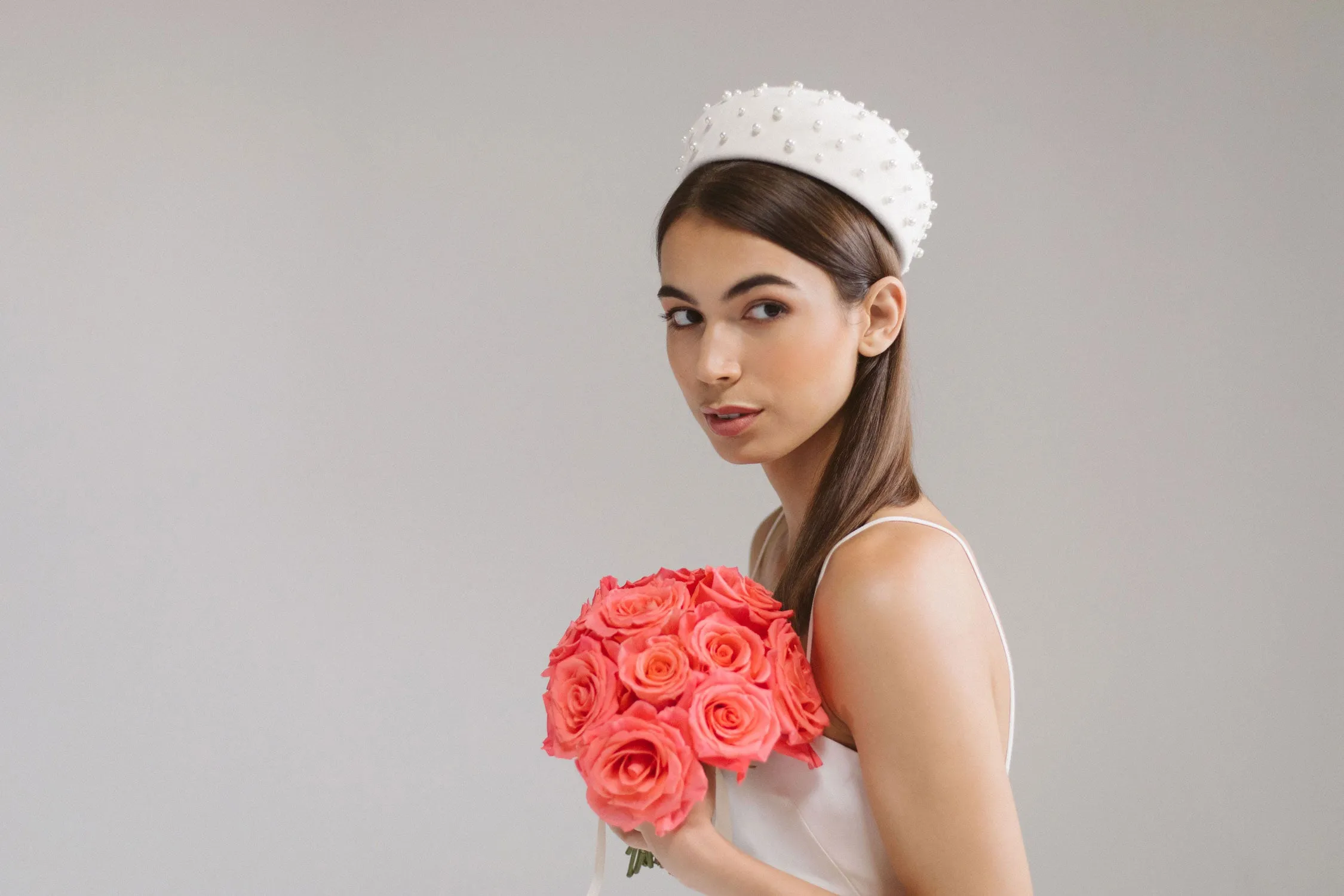 Yolande: Ivory Bridal PIllbox Hat with Large Pearls